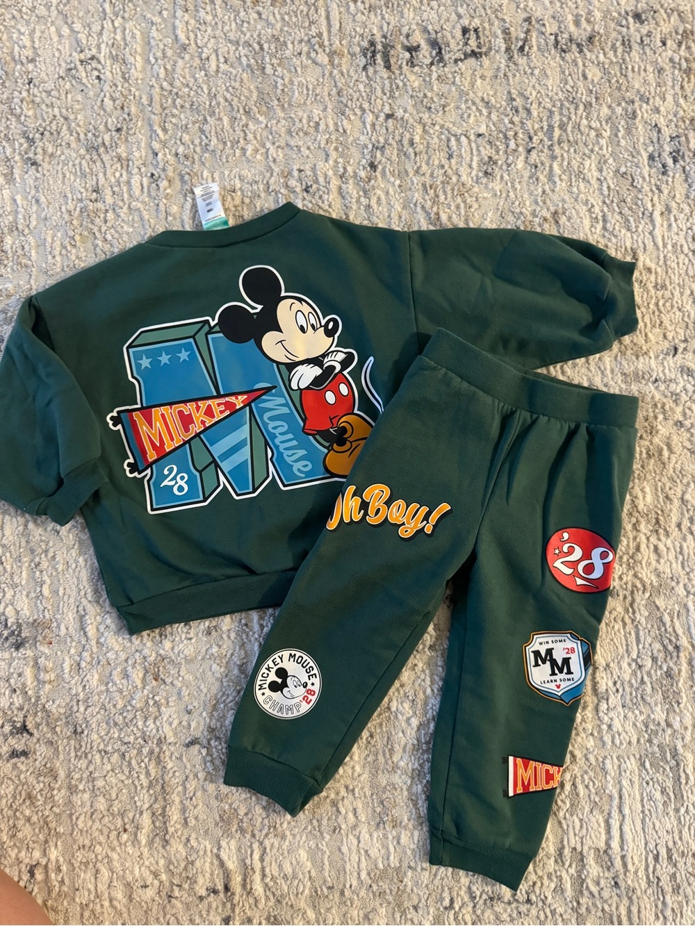 Disney Green Mickey Mouse Sweatshirt & Joggers Set - Graphic Patch Tracksuit